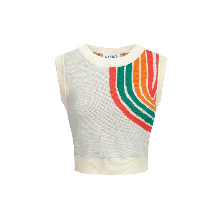 Women’s Retro Rainbow Print Knit Set with Crop Top and Pencil Skirt