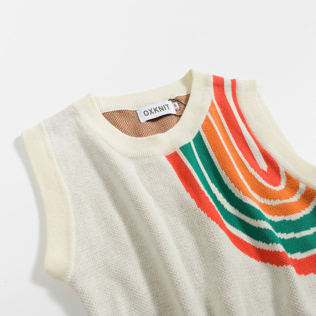 Women’s Retro Rainbow Print Knit Set with Crop Top and Pencil Skirt