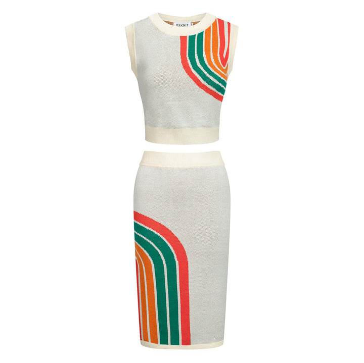 Women’s Retro Rainbow Print Knit Set with Crop Top and Pencil Skirt