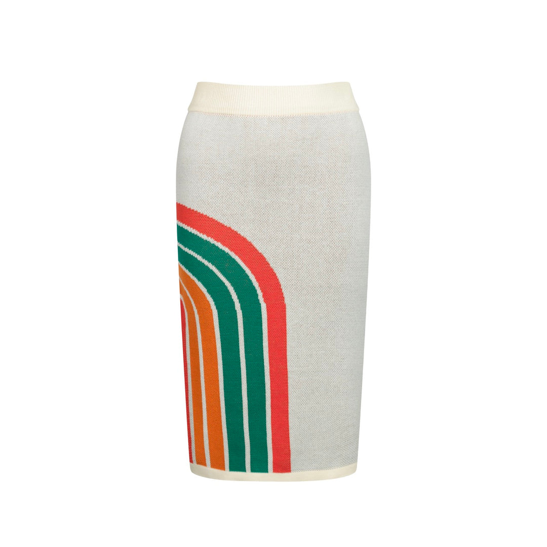 Women’s Retro Rainbow Print Knit Set with Crop Top and Pencil Skirt