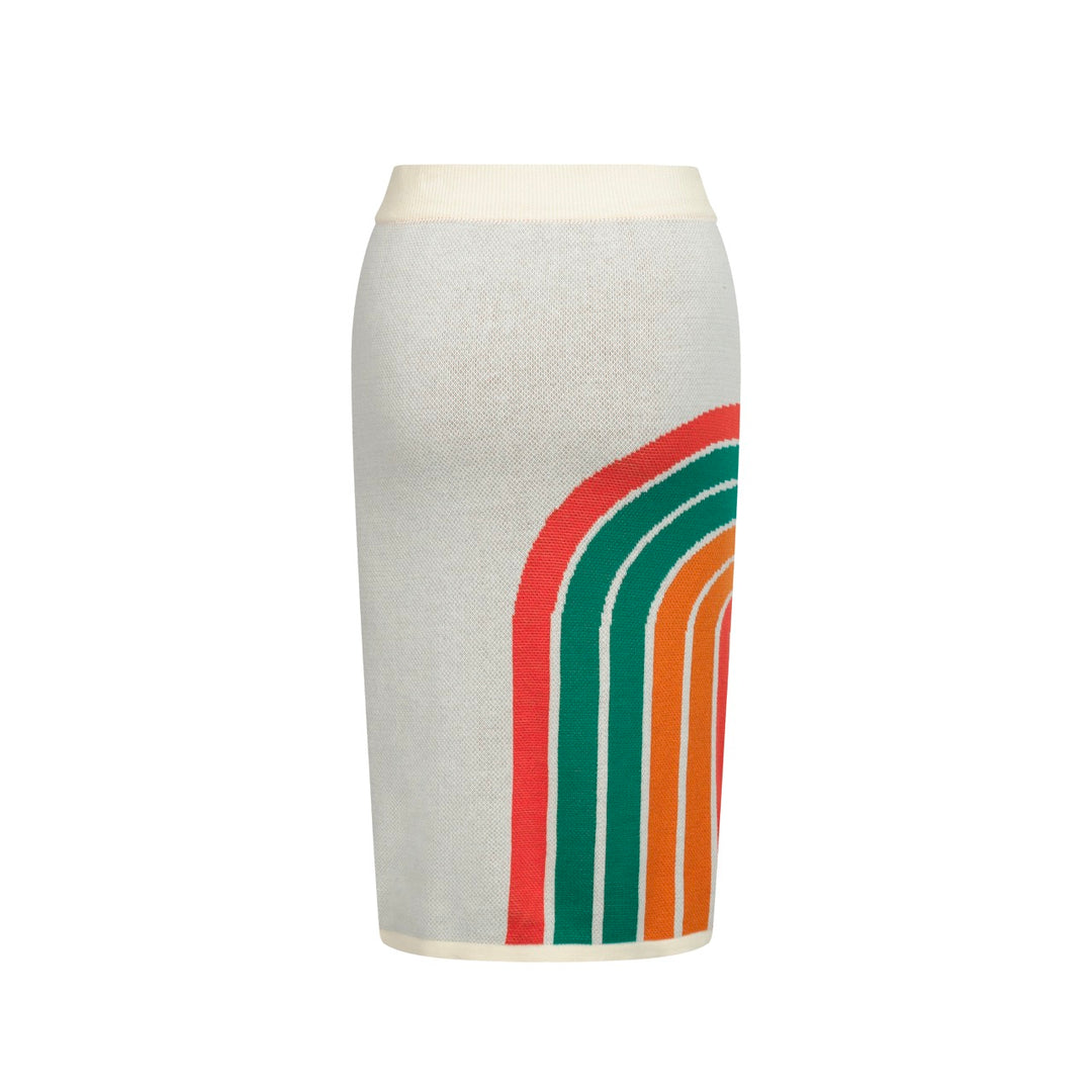 Women’s Retro Rainbow Print Knit Set with Crop Top and Pencil Skirt