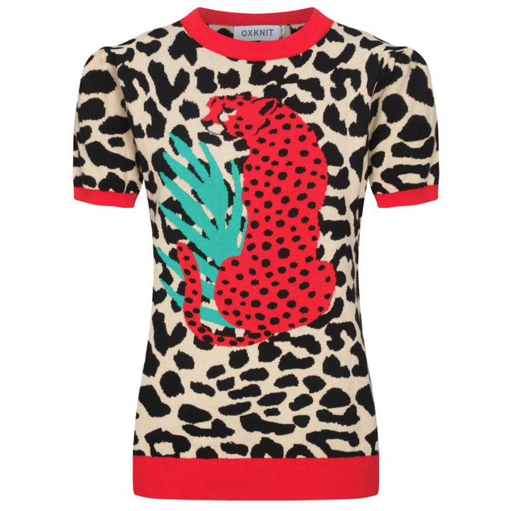 Women's red animal jacquard puffed sleeve knitted T-shirt