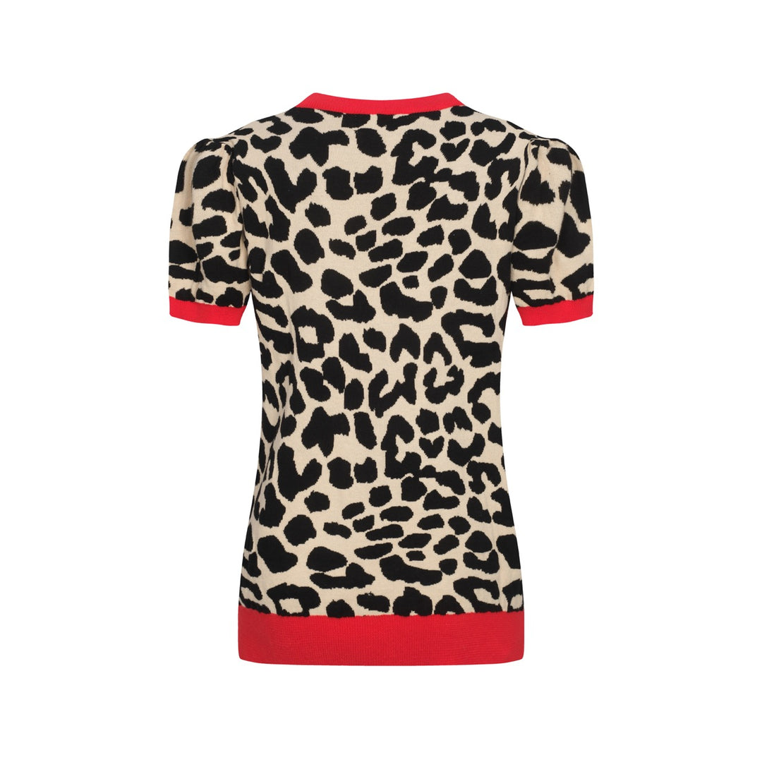 Women's red animal jacquard puffed sleeve knitted T-shirt