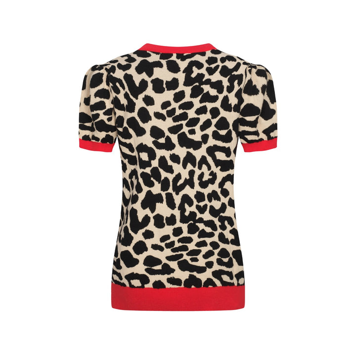 Women's red animal jacquard puffed sleeve knitted T-shirt