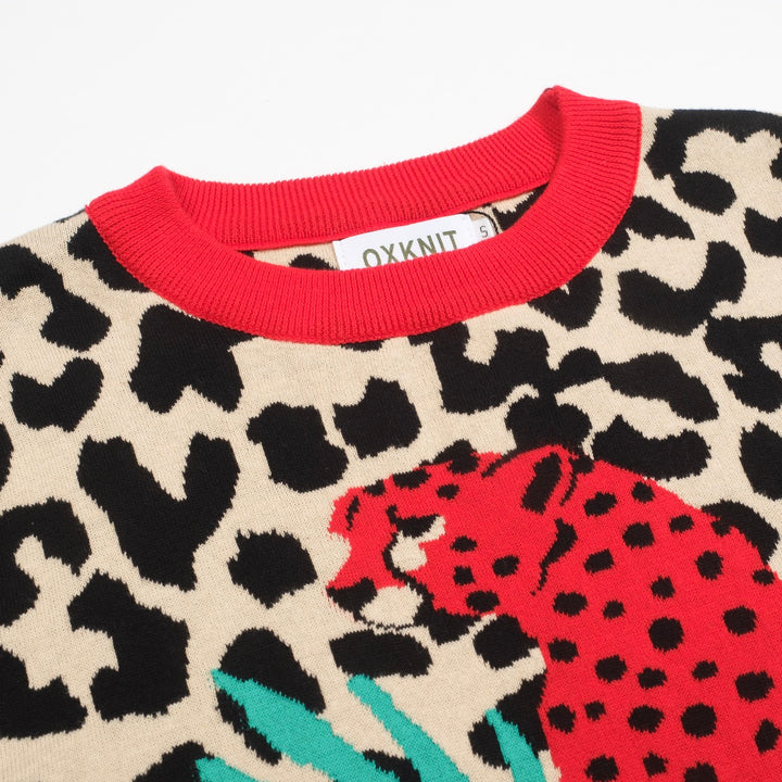 Women's red animal jacquard puffed sleeve knitted T-shirt