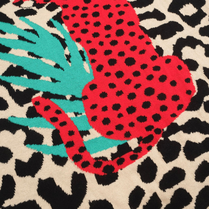 Women's red animal jacquard puffed sleeve knitted T-shirt