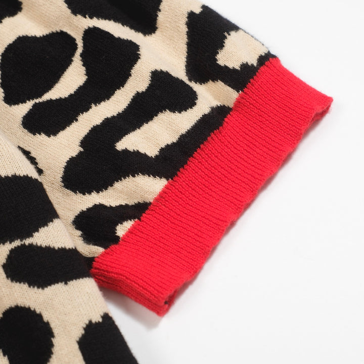 Women's red animal jacquard puffed sleeve knitted T-shirt