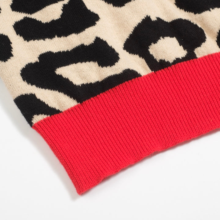 Women's red animal jacquard puffed sleeve knitted T-shirt