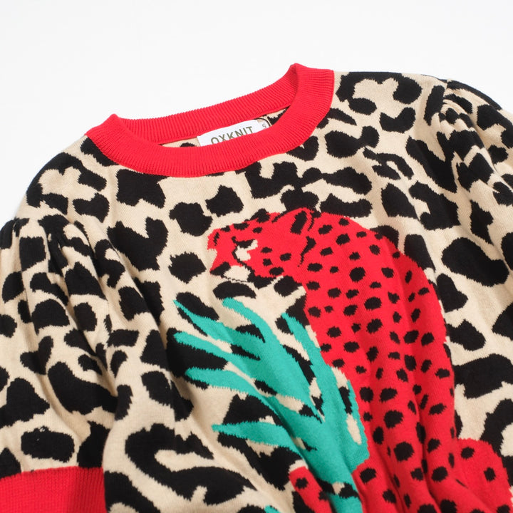 Women's red animal jacquard puffed sleeve knitted T-shirt