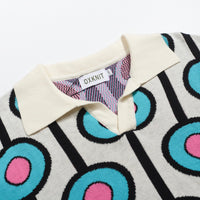 Men's sky blue vintage jacquard knit V-neck polo shirt