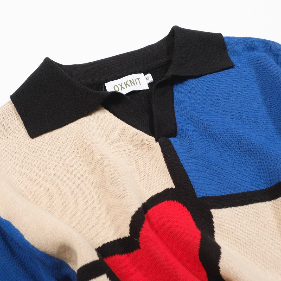 Art multicolore masculin Jacquard Polo à col en V tricoté