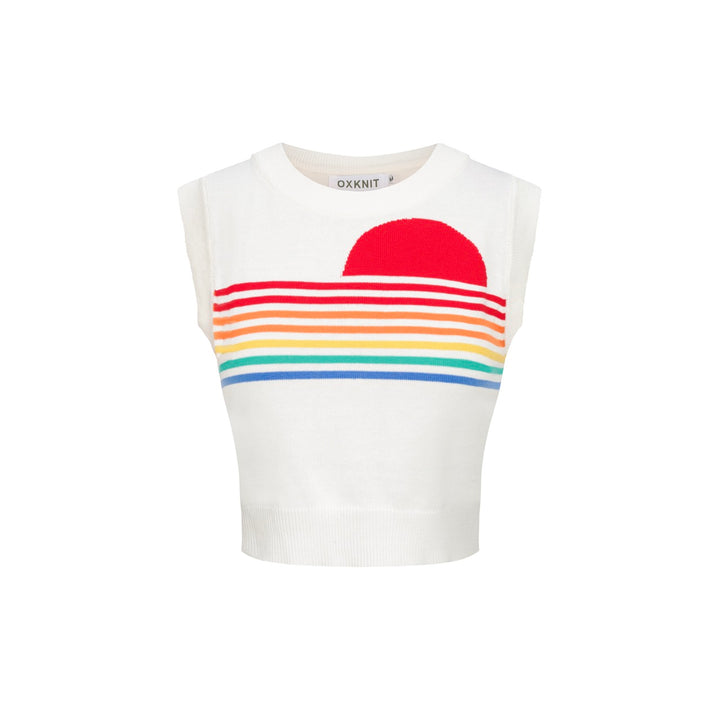 Dames retro witte regenboogstreep gebreide set met zonafbeelding