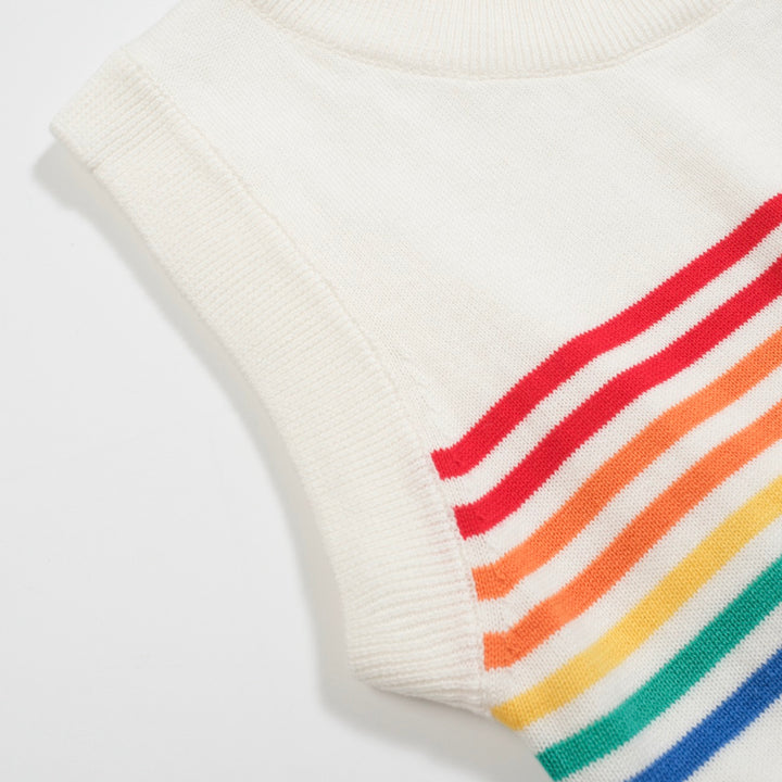 Dames retro witte regenboogstreep gebreide set met zonafbeelding