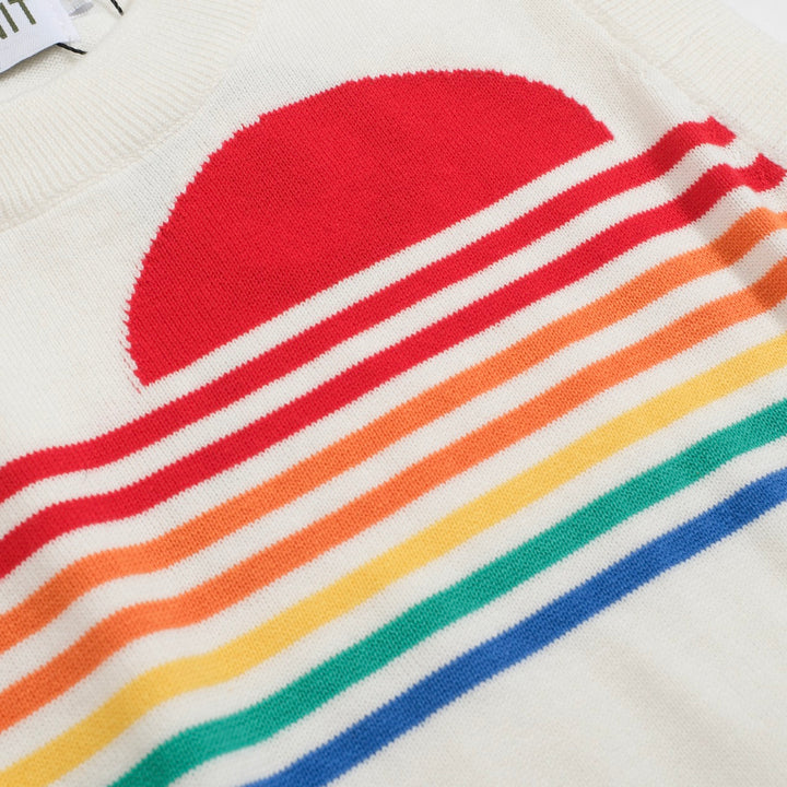 Dames retro witte regenboogstreep gebreide set met zonafbeelding