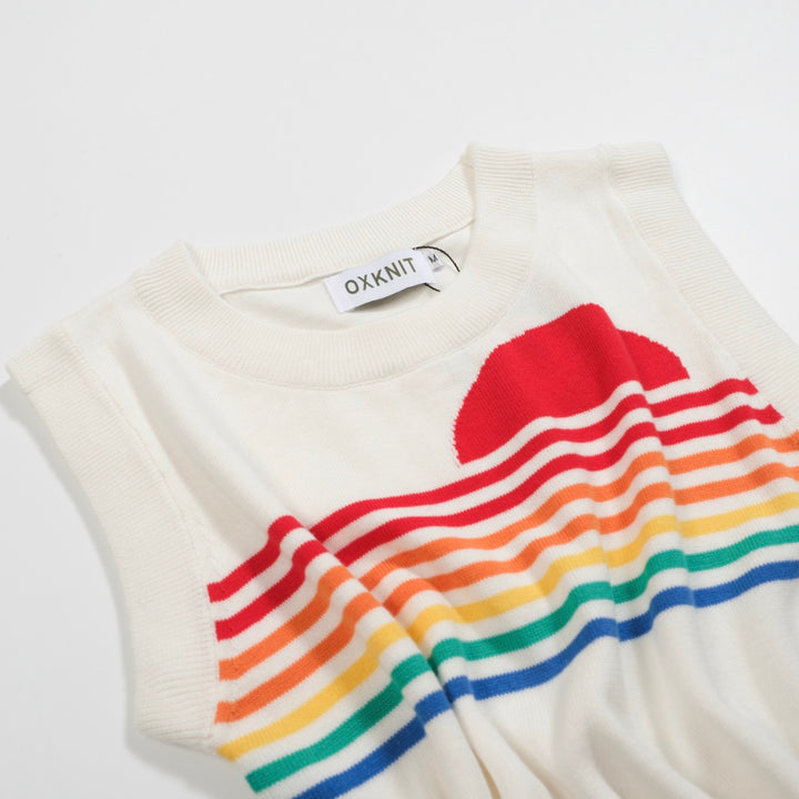 Dames retro witte regenboogstreep gebreide set met zonafbeelding