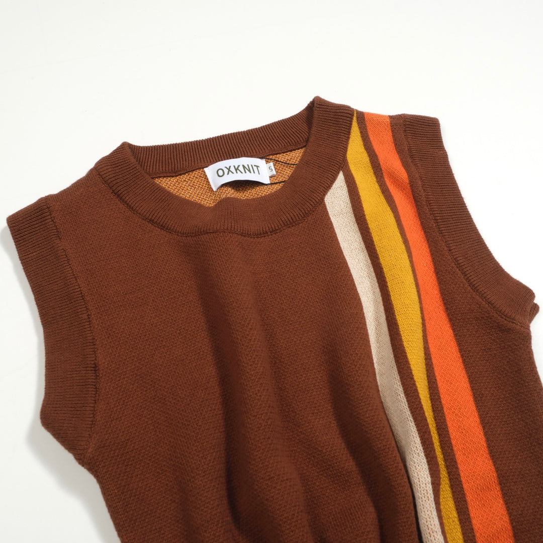 Women’s Brown Retro Stripe Knit Set with Bold Vertical Stripes in Orange and Yellow