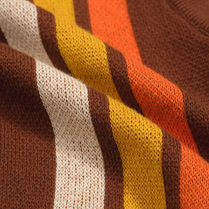 Women’s Brown Retro Stripe Knit Set with Bold Vertical Stripes in Orange and Yellow