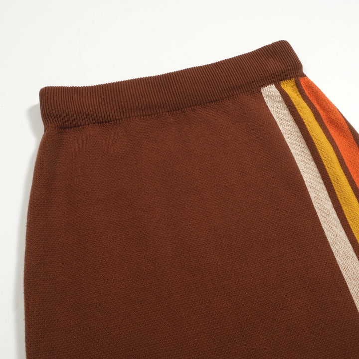 Women’s Brown Retro Stripe Knit Set with Bold Vertical Stripes in Orange and Yellow