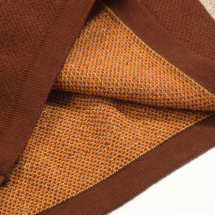 Women’s Brown Retro Stripe Knit Set with Bold Vertical Stripes in Orange and Yellow