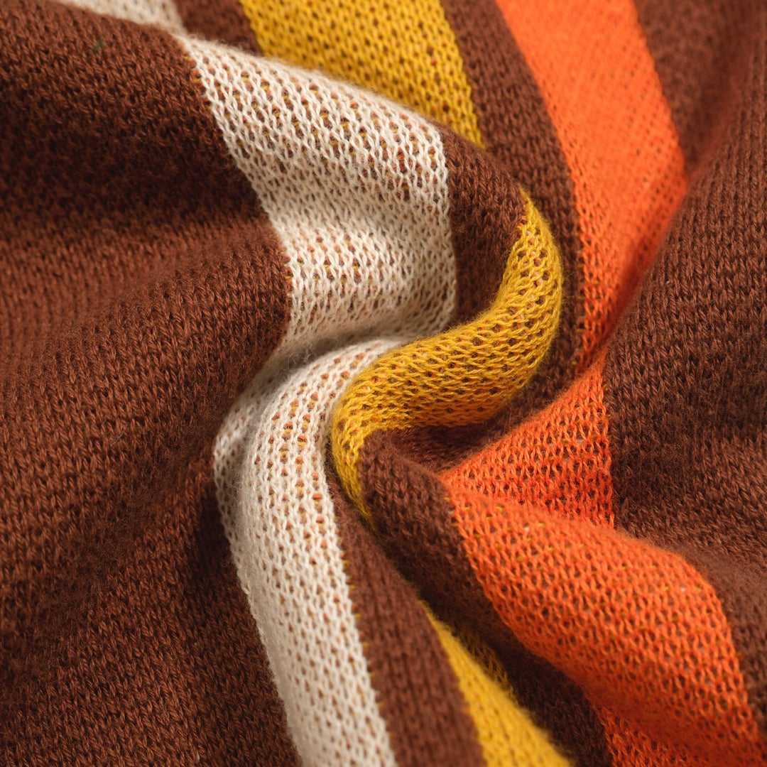 Women’s Brown Retro Stripe Knit Set with Bold Vertical Stripes in Orange and Yellow