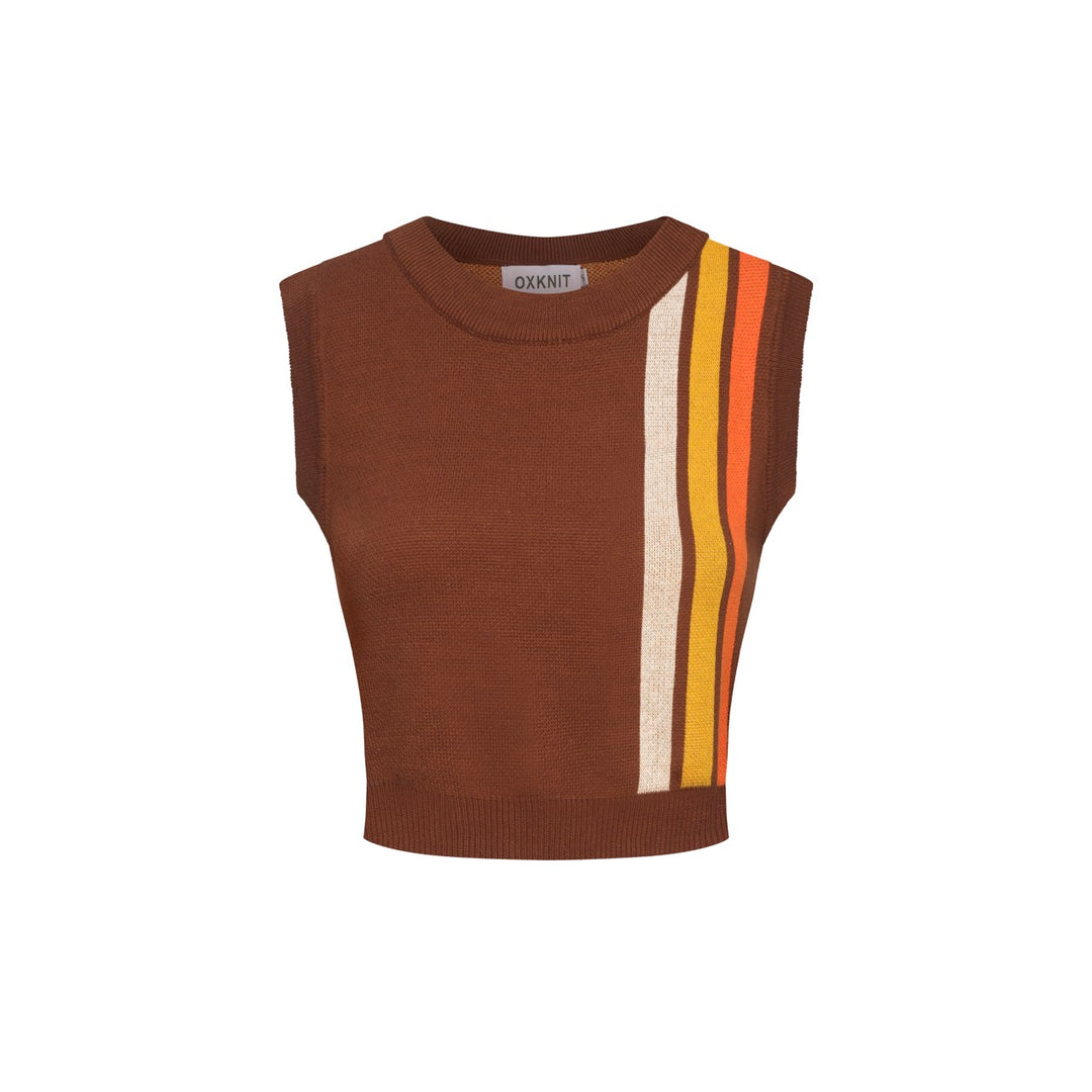 Women’s Brown Retro Stripe Knit Set with Bold Vertical Stripes in Orange and Yellow
