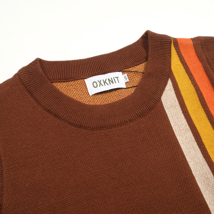 Women’s Brown Retro Stripe Knit Set with Bold Vertical Stripes in Orange and Yellow