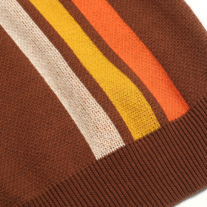 Women’s Brown Retro Stripe Knit Set with Bold Vertical Stripes in Orange and Yellow