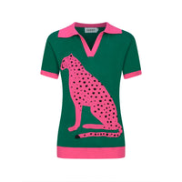 Women's green and pink knitted cardigan shorts suit