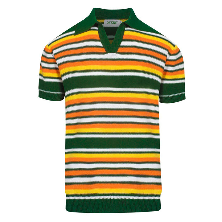 Men's green vintage striped knitted V-neck knitted polo