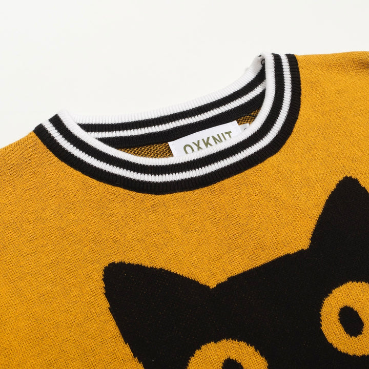 Women's yellow cat floral vintage jacquard knit T-shirt