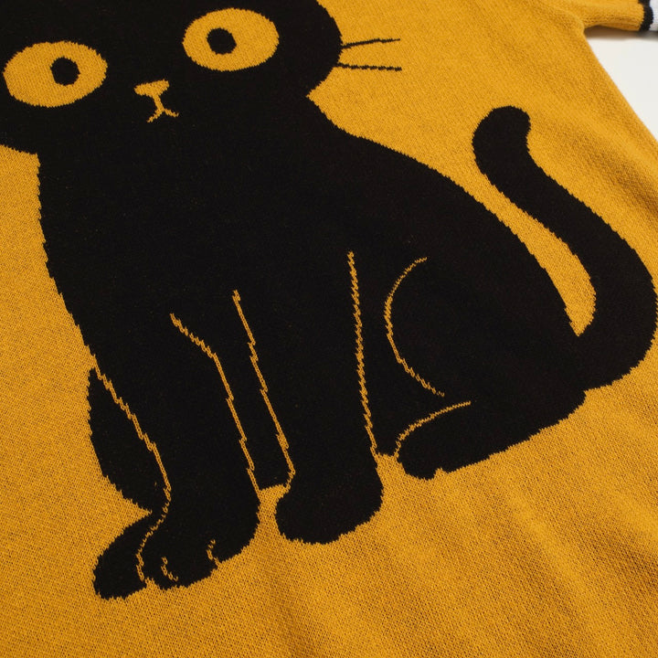 Women's yellow cat floral vintage jacquard knit T-shirt