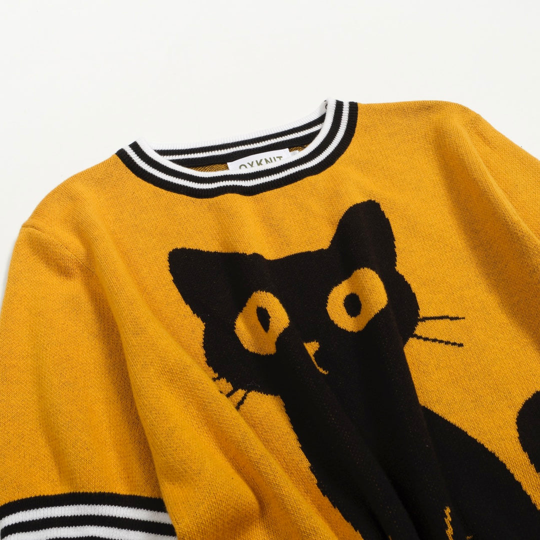 Women's yellow cat floral vintage jacquard knit T-shirt