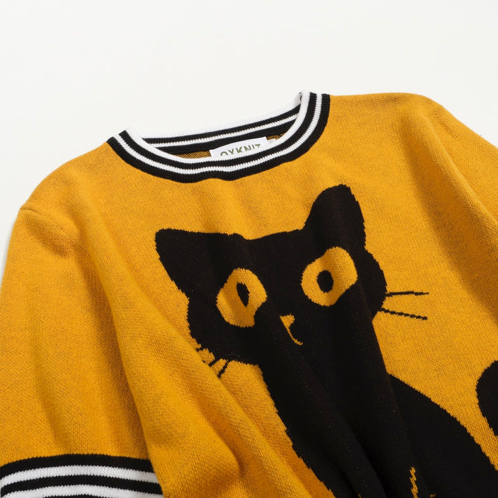 Women's yellow cat floral vintage jacquard knit T-shirt