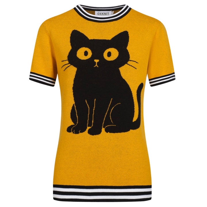 Women's yellow cat floral vintage jacquard knit T-shirt