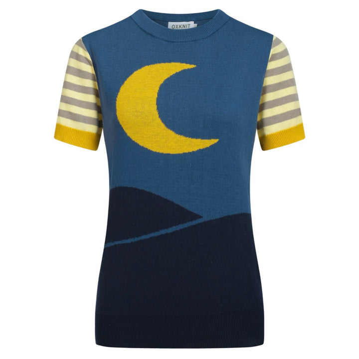 Women's blue vintage jacquard knit T-shirt