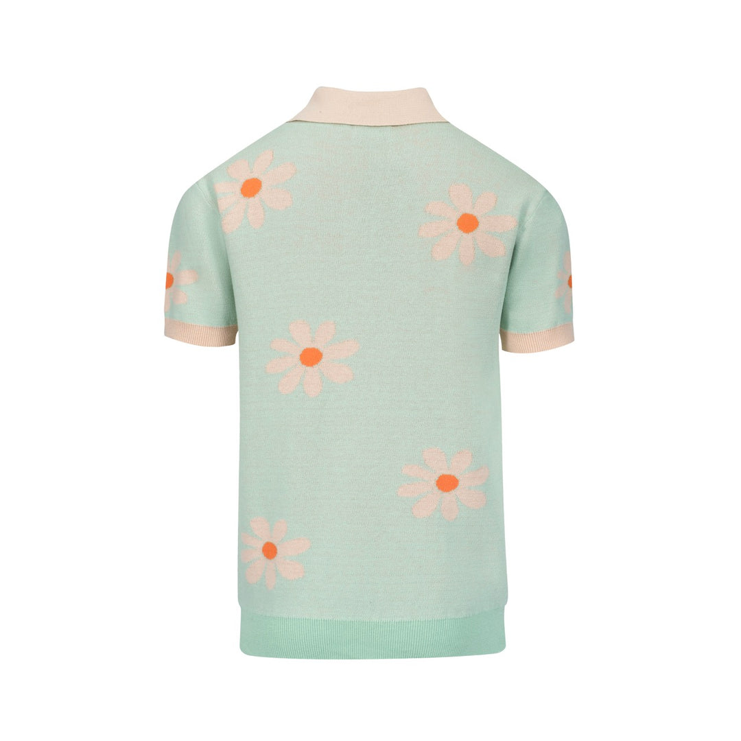 Men's green flower vintage knit V-neck polo shirt