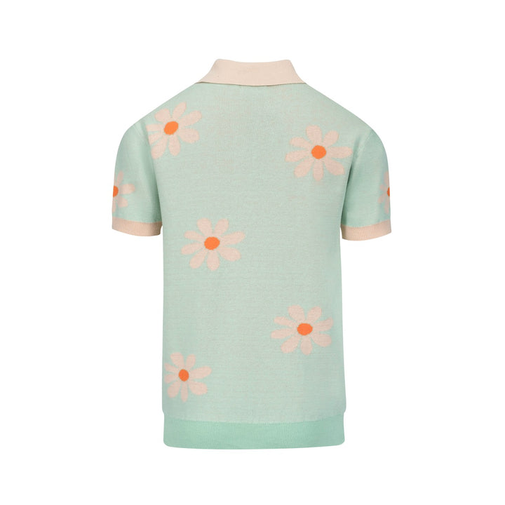 Men's green flower vintage knit V-neck polo shirt