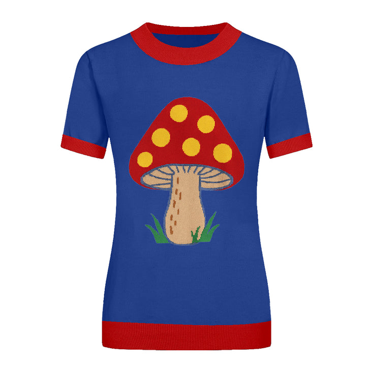 Women's blue vintage mushroom jacquard knit Tshirt OXKnit