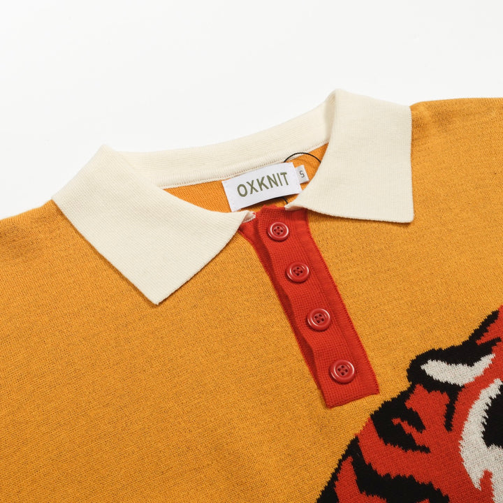 Men's yellow tiger Jacquard vintage knit polo shirt