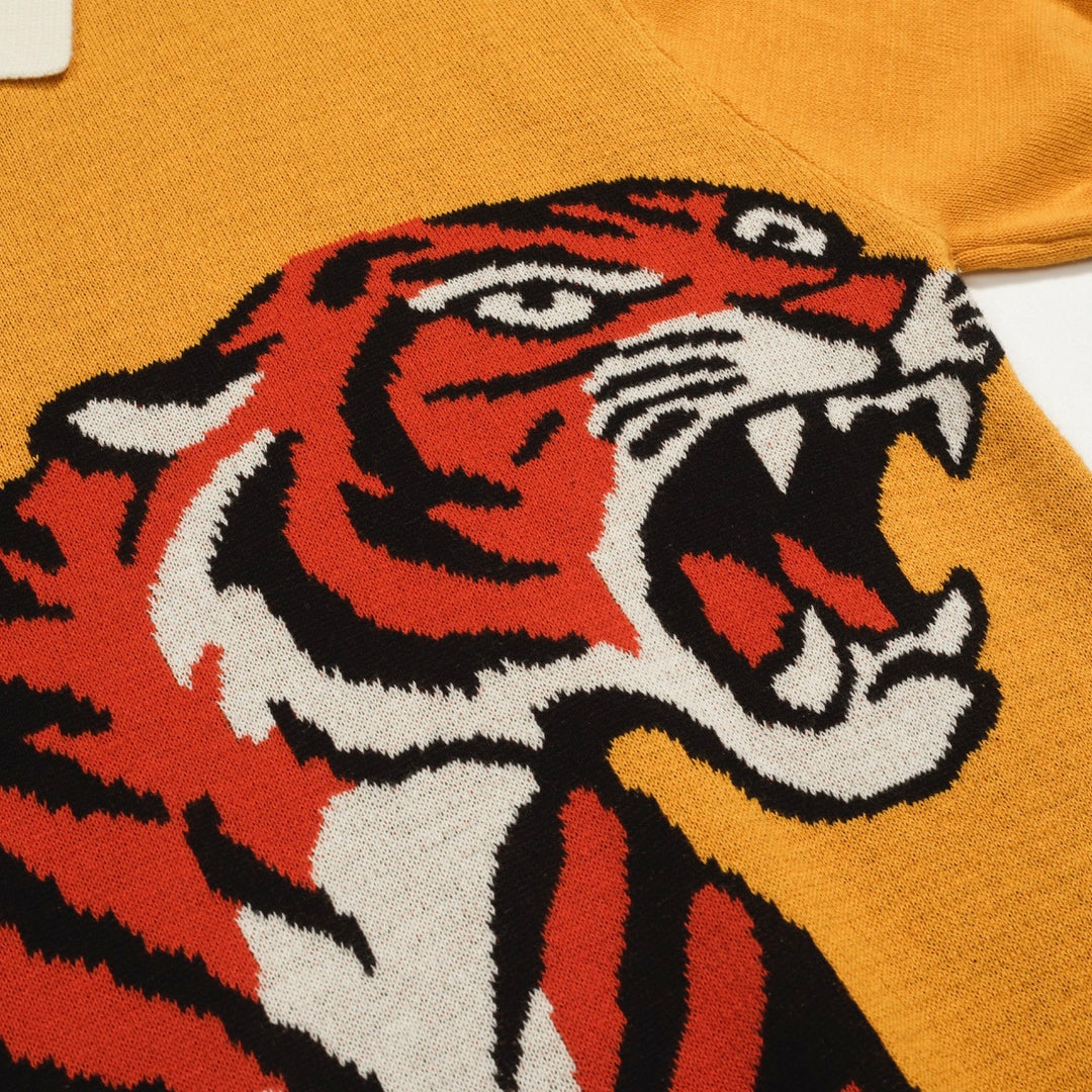 Men's yellow tiger Jacquard vintage knit polo shirt