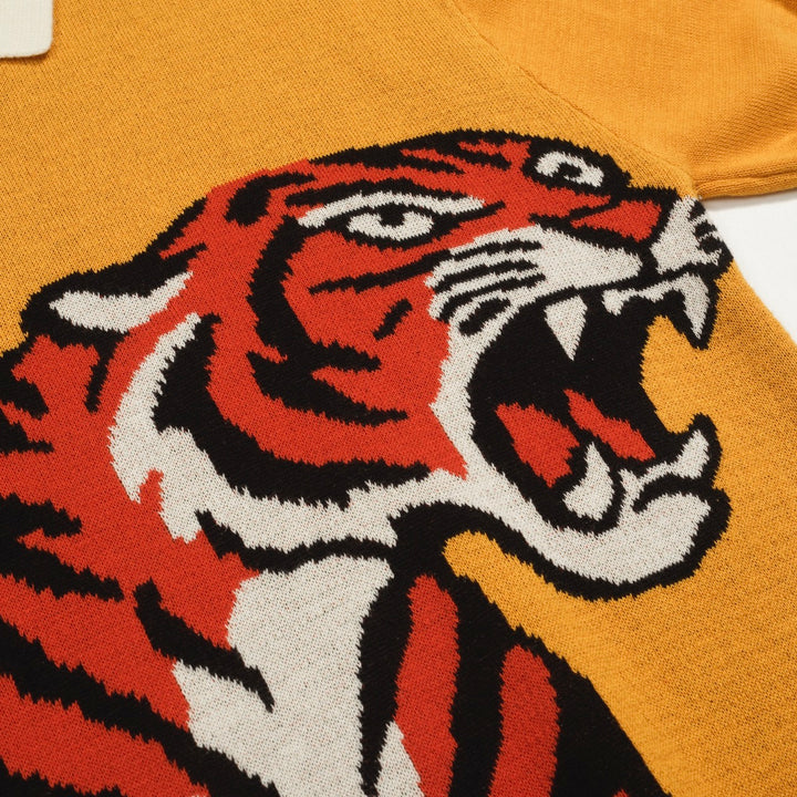 Men's yellow tiger Jacquard vintage knit polo shirt