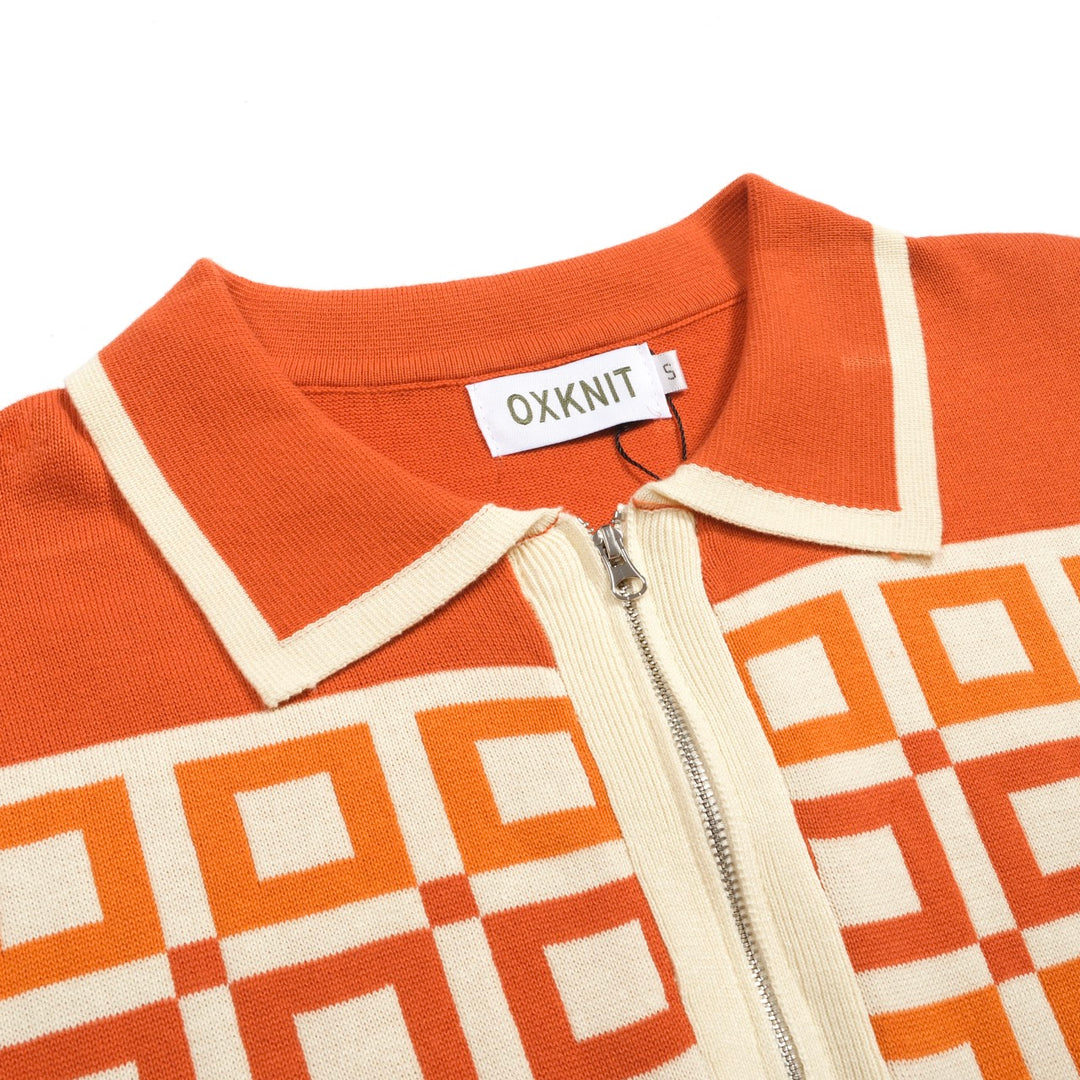 Men's orange vintage jacquard casual knit polo shirt