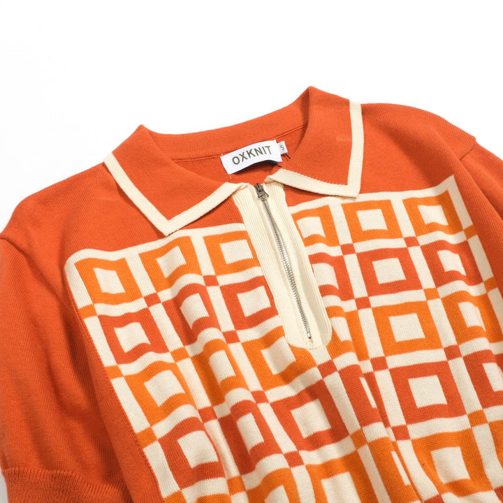 Men's orange vintage jacquard casual knit polo shirt
