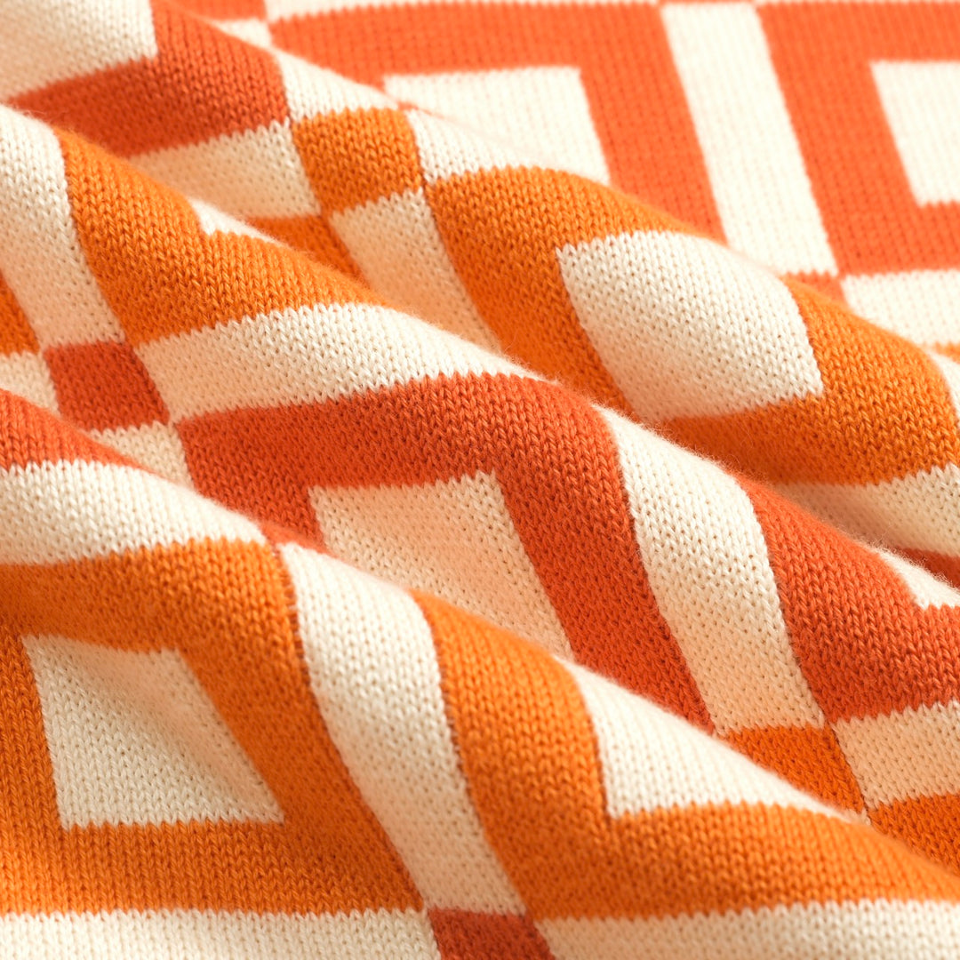 Men's orange vintage jacquard casual knit polo shirt