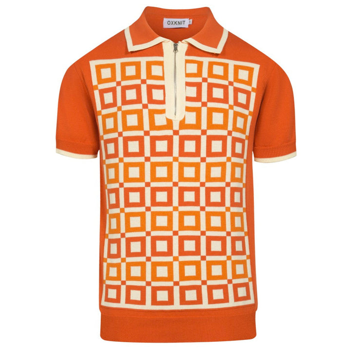 Men's orange vintage jacquard casual knit polo shirt