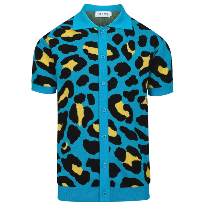 Men's blue leopard print vintage knit cardigan