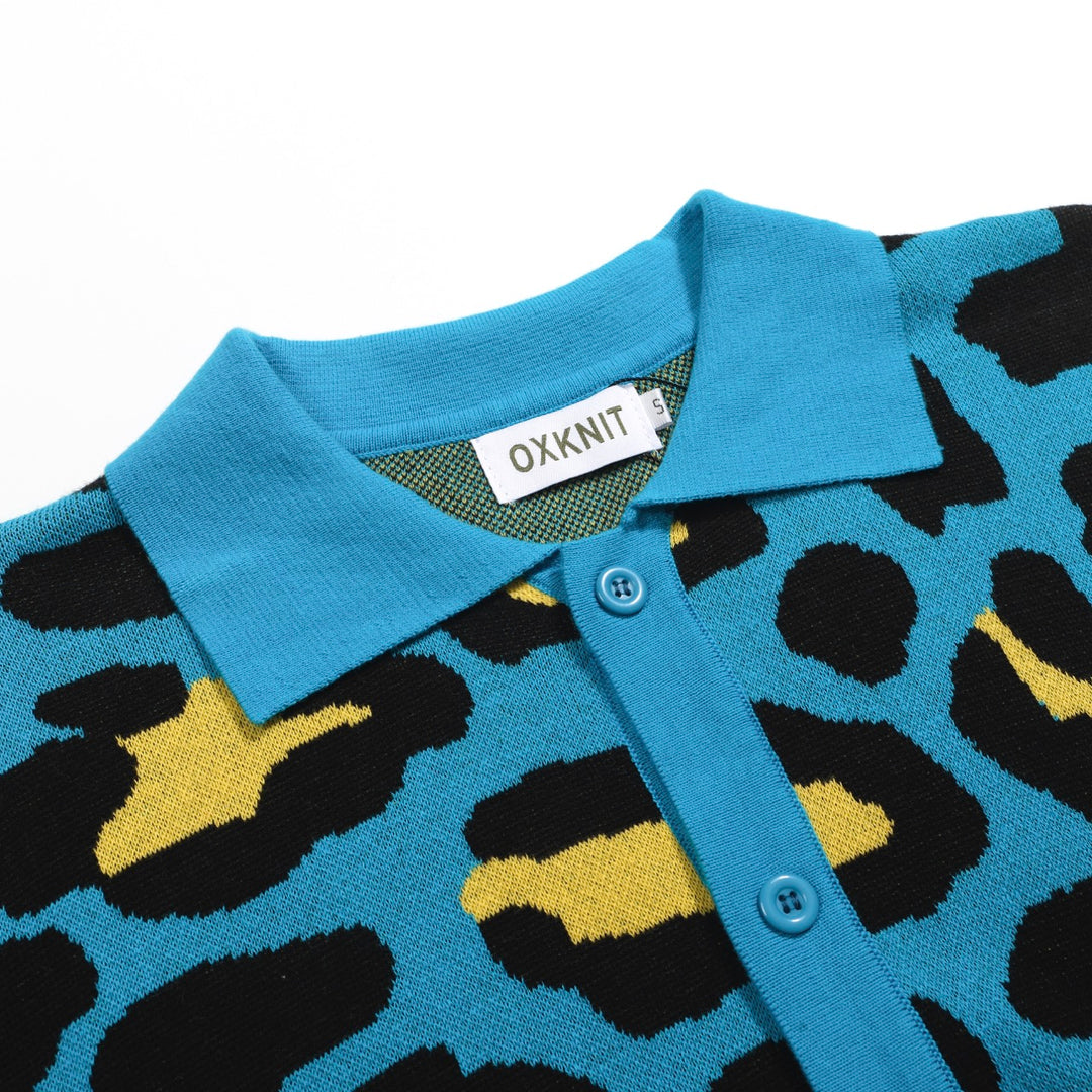 Men's blue leopard print vintage knit cardigan