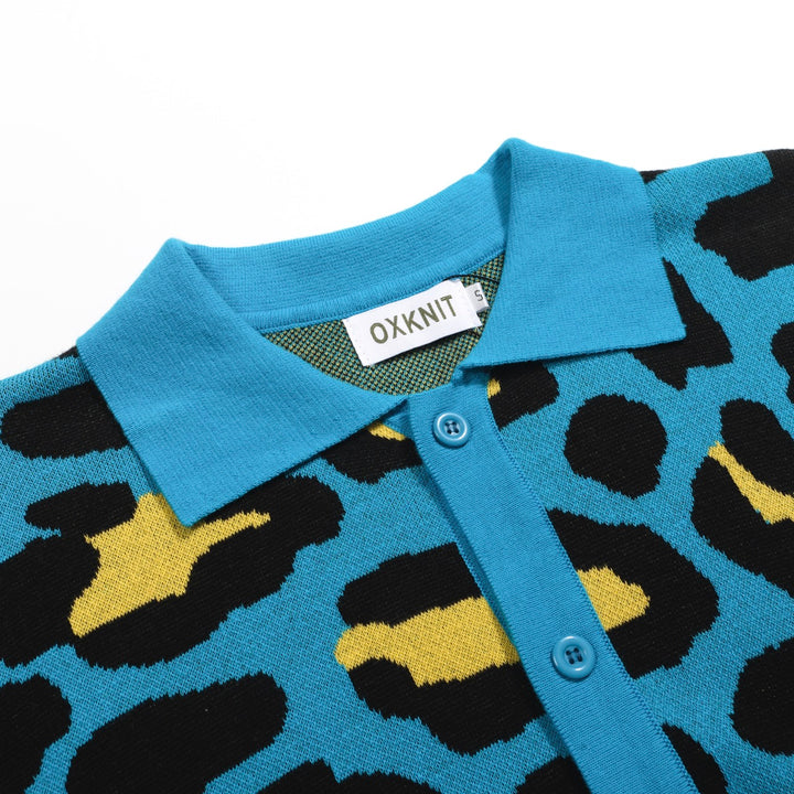 Men's blue leopard print vintage knit cardigan
