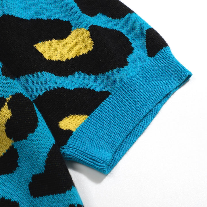 Men's blue leopard print vintage knit cardigan