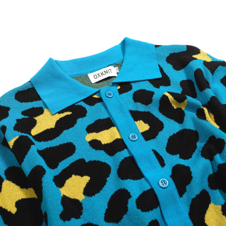 Men's blue leopard print vintage knit cardigan